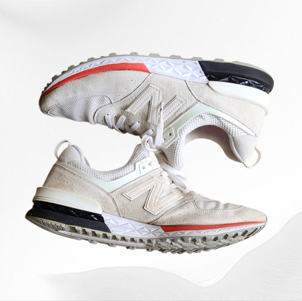 New Balance Men's White Cream and Black Sneakers with Red Accent